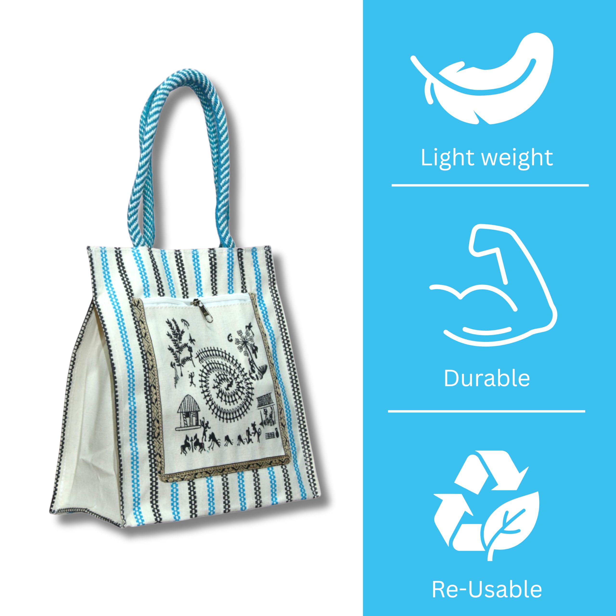 Anumala® Eco-Friendly Canvas Bag with Warli Art - 11x6x12 inch - Multipurpose Tote for Shopping, Grocery, Gifting & Daily Use - Handcrafted Reusable Bag with Zip Pocket (2) 4