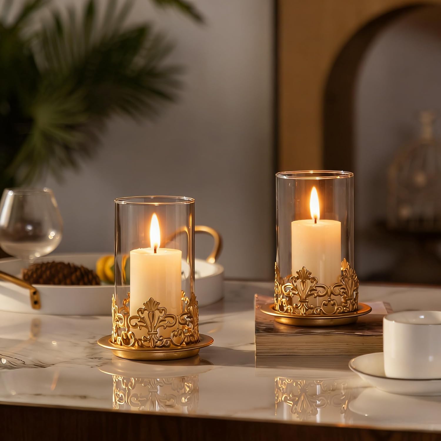 Vintage Hurricane Candle Holders Set of 2 – Gold Metal & Clear Glass Pillar Candle Holder Lanterns for Home Decor, Gothic Table Centerpiece, Wedding & Holiday Ambiance