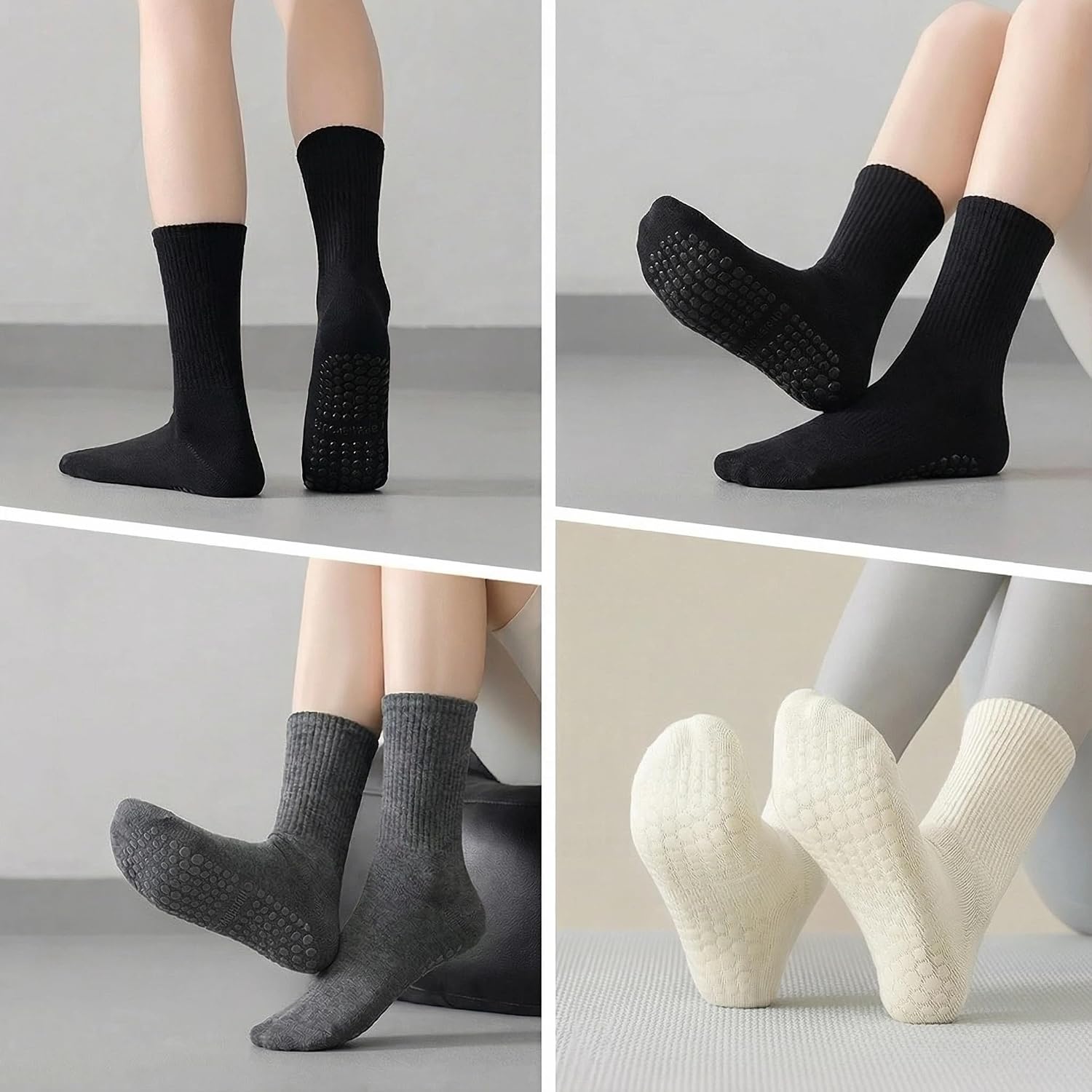 Grippy Pilates Socks with Grips for Women, Non Slip Yoga Socks, 3 Pairs (Crew-Black-White-Gray)