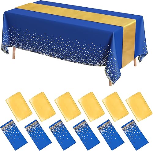 Juego de 12 manteles de plástico y camino de mesa de satén desechables con lunares azules y dorados de 54 x 108 pulgadas, mantel de satén dorado