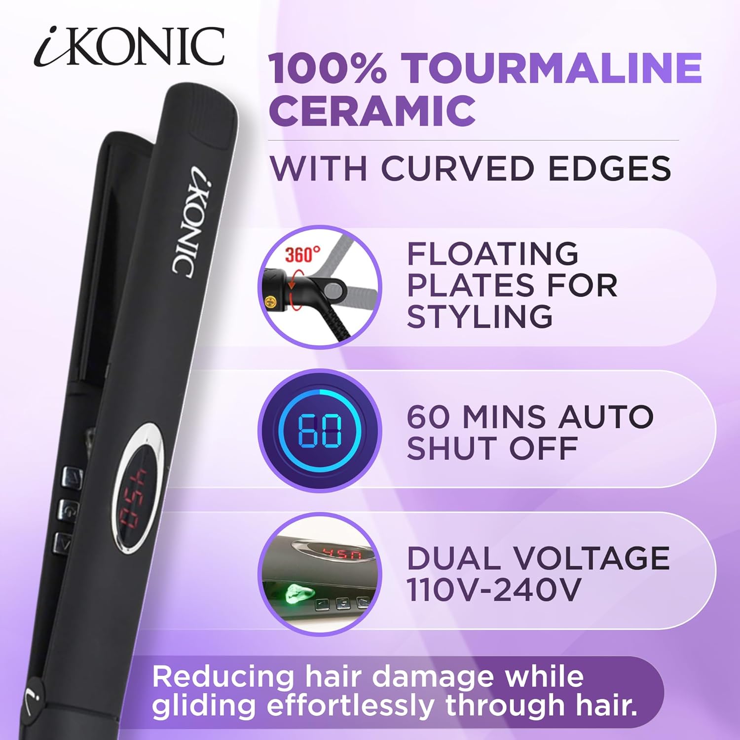 IKonic 100% Tourmaline Ceramic Hair Straightener & Curler– Anti-Static Infrared Ionic 2-in-1 Dual Voltage Flat Iron –1” Floating Plates, Adjustable Temp 140–450°F, Frizz-Free & Fast Heat Hair Iron