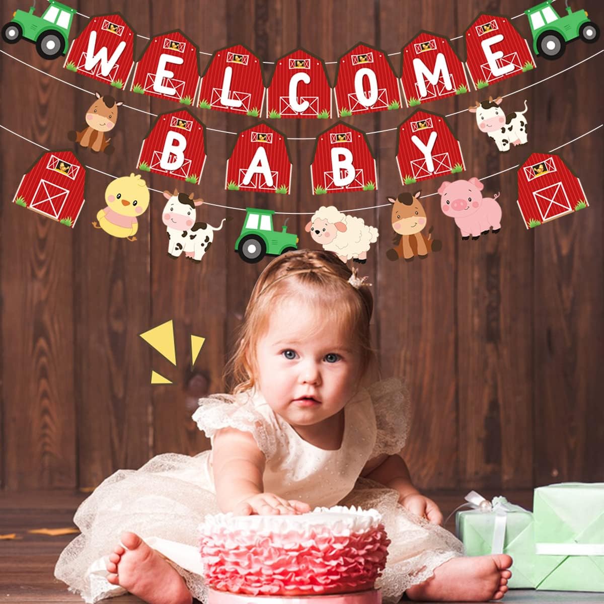 Farm Animal Baby Shower Decoration Welcome Baby Banner Red for Girls Farm Animal Themed Baby Shower Garland Red Photo Photograph Banner for Baby Girl Barnyard Party Decoration