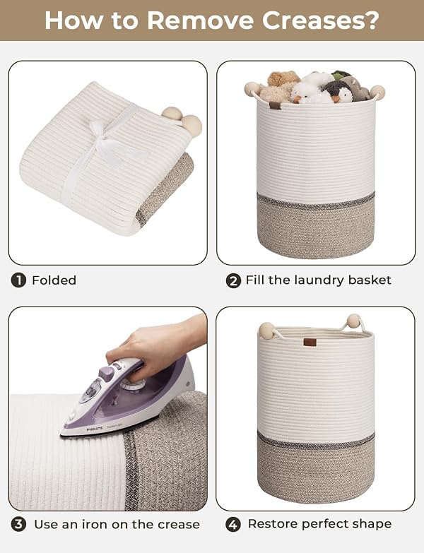 StorageWorks 58L Cotton Rope Laundry Basket with Wooden Beads Handles, Woven Basket for Storage, Dirty Clothes, Kids Toys, Towels, White & Light Brown by StorageWorks - Image 6