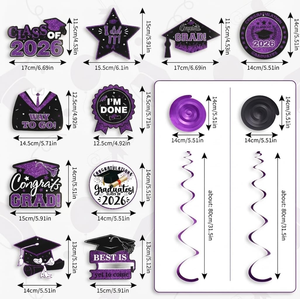 KALOR Graduation Decorations Hanging Swirls, 10 Pcs Purple and Black Class of 2026 Congrats Grad Hanging Swirl for 2026 Graduation Party Supplies image 3