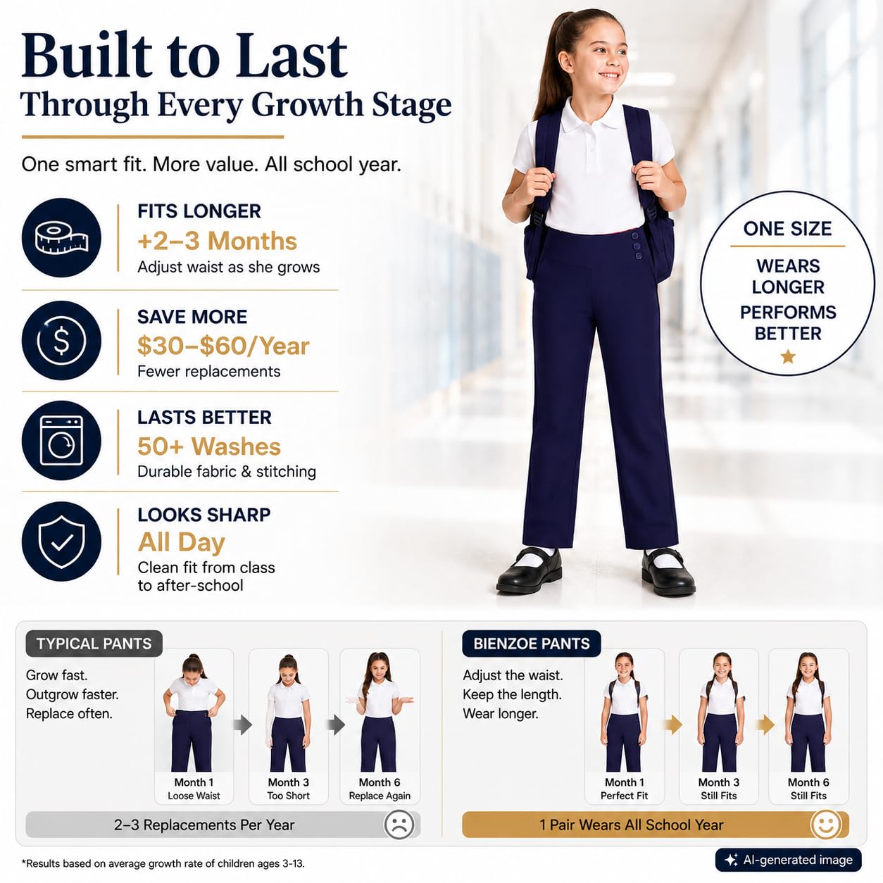 Bienzoe Chicas Escolar Uniforme Pantalones: Niñas Ajustable Cintura Duradero Pierna Recta Vestido Pantalones, Marina, 5