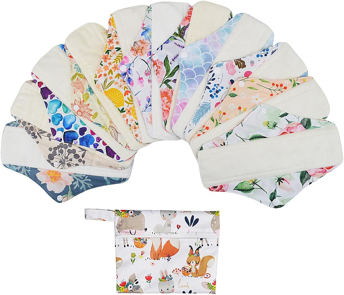 12 Pieces Cloth Menstrual Pads,Reusable Sanitary Pads,Size 10 inch Regular,Unscented