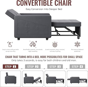 3-in-1 Pull Out Single Sofa Bed with Pillow, Grey