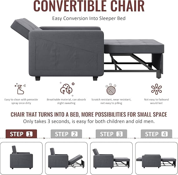 3-in-1 Pull Out Single Sofa Bed with Pillow, Grey