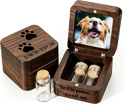 Personalized Pet Urn for Ashes Custom Text and Photo Wooden Pet Cremation Box Small Pet Hair Fur Keepsake Box for Dogs Cats Pet Mini Memory Box for Loved Ones Gift Dark Brown 2