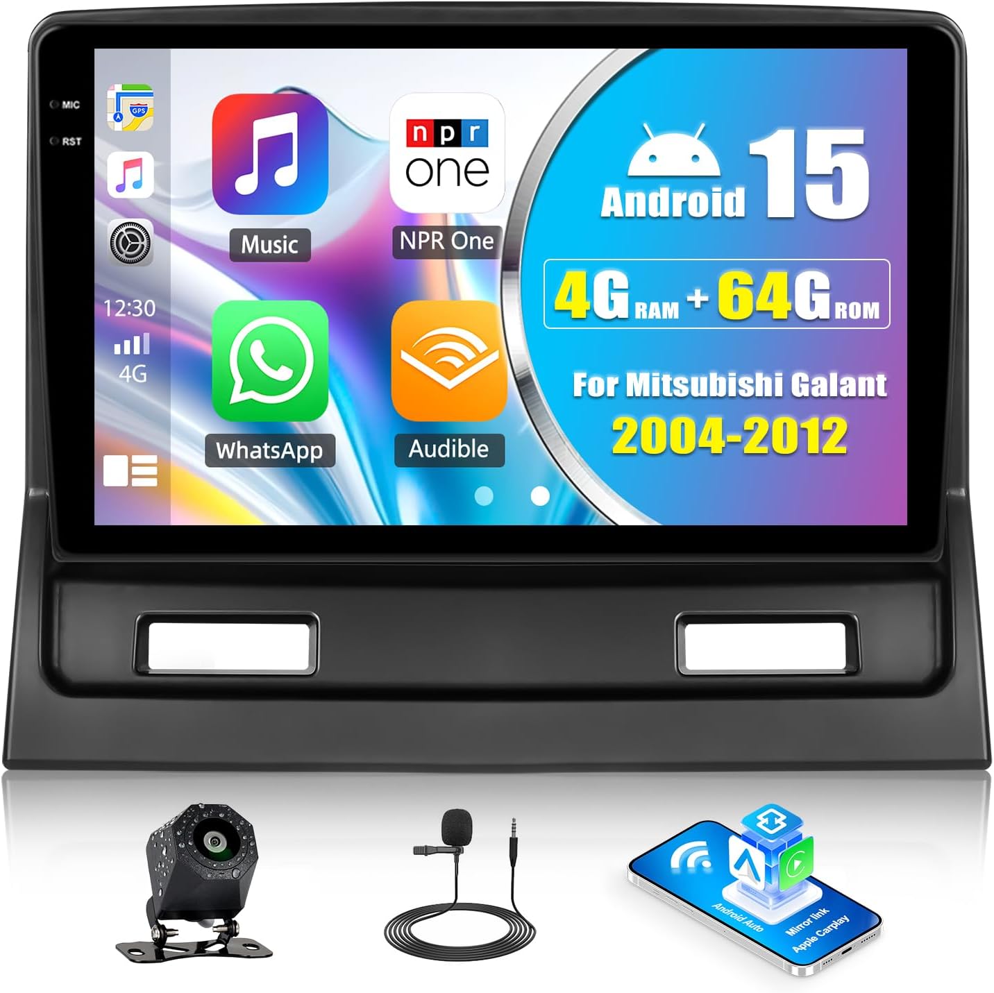 [4+64G] Android 15 Car Stereo for Mitsubishi Galant 2004-2012 with Wireless CarPlay Android Auto,9" Touch Screen Car Radio with Bluetooth GPS WiFi FM/RDS DSP EQ SWC Backup Camera