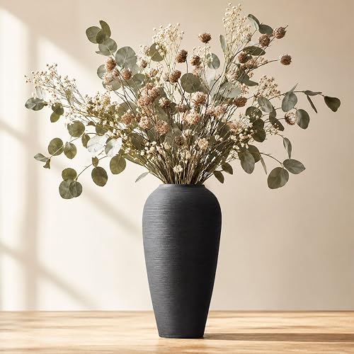 Rustic Farmhouse Flower Vase - 13.8 Inchs Large Black Ceramic Vase, Pampas Grass Vase, Modern Farmhouse Decor Vase for Home Decor, Dining Table, Entryway, Centerpiece, Living Room, Shelf Decorative