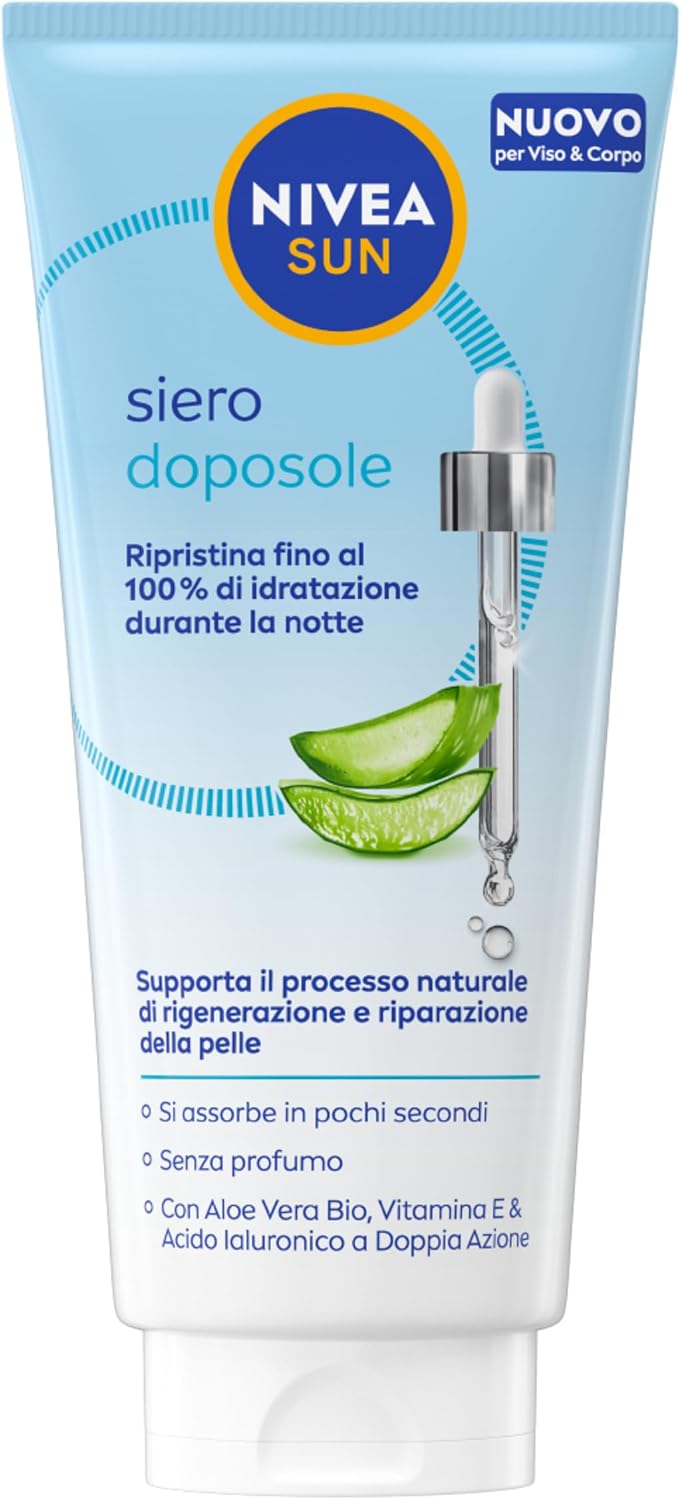 NIVEA SUN Siero Doposole 100 ml, Siero dopo sole idratante e rigenerante per viso e corpo, Aftersun con Aloe Vera Bio, Vitamina E e Acido Ialuronico, Assorbimento rapido, Senza profumo