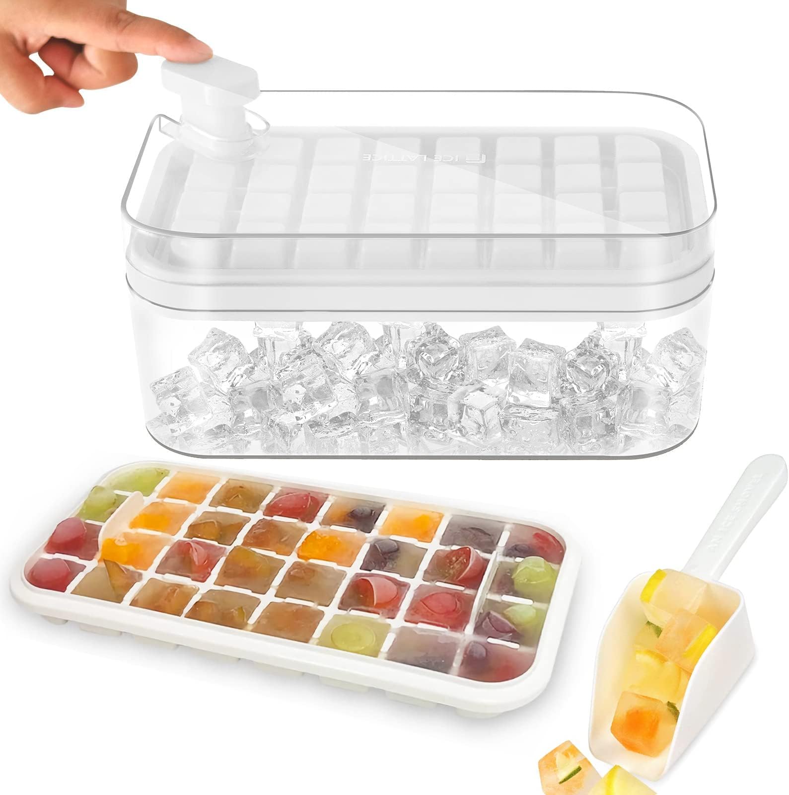 EYSOO Ice Cube Tray 64 Grids Ice Tray with Lid Easy-release Ice Cube Molds Ice Cube Trays for Freezer BPA Free Pressing Ice Cube Maker Ice Maker Tray with Bin for Beverage Coffee Fruit Yogurt (White)