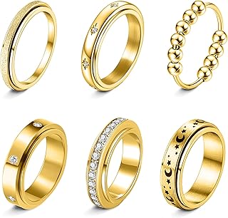 Fidget Rings for Anxiety 6pcs Stainless Steel Spinner Ring Anti Anxiety Ring Spinning Moon