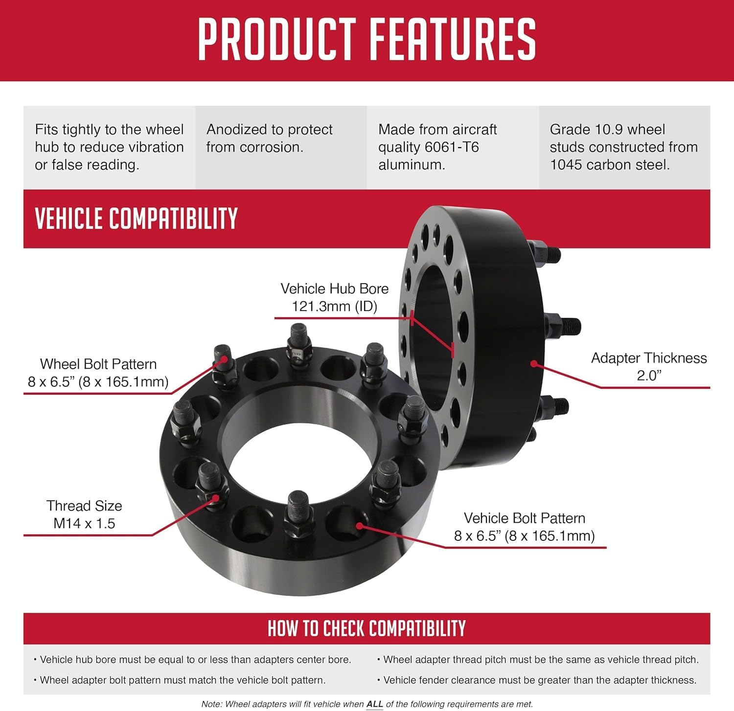 Wheel Accessories Parts 2 Pcs Wheel Spacers Adapters 8 on 6.50 8x6.50 2.0 Inch Thick 121.3mm Hub M14x1.5 14x1.5 Thread Stud Fits Ram 2500 3500 Single Rear Wheel ｜ Dually Rear Wheel Vehicles F&R