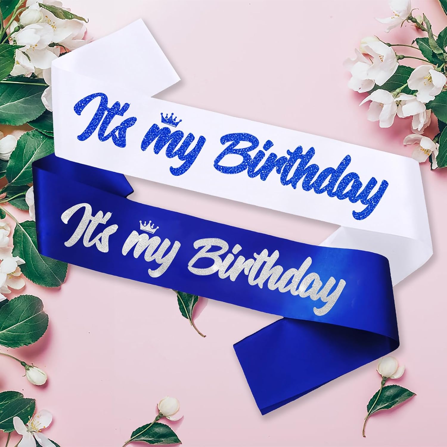 2 Pcs It's My Birthday Sash for Women with Glitter Letters, 21st 30th 40th 50th 60th Birthday Party Favors Supplies(Royal Blue,Silver & White,Royal Blue)