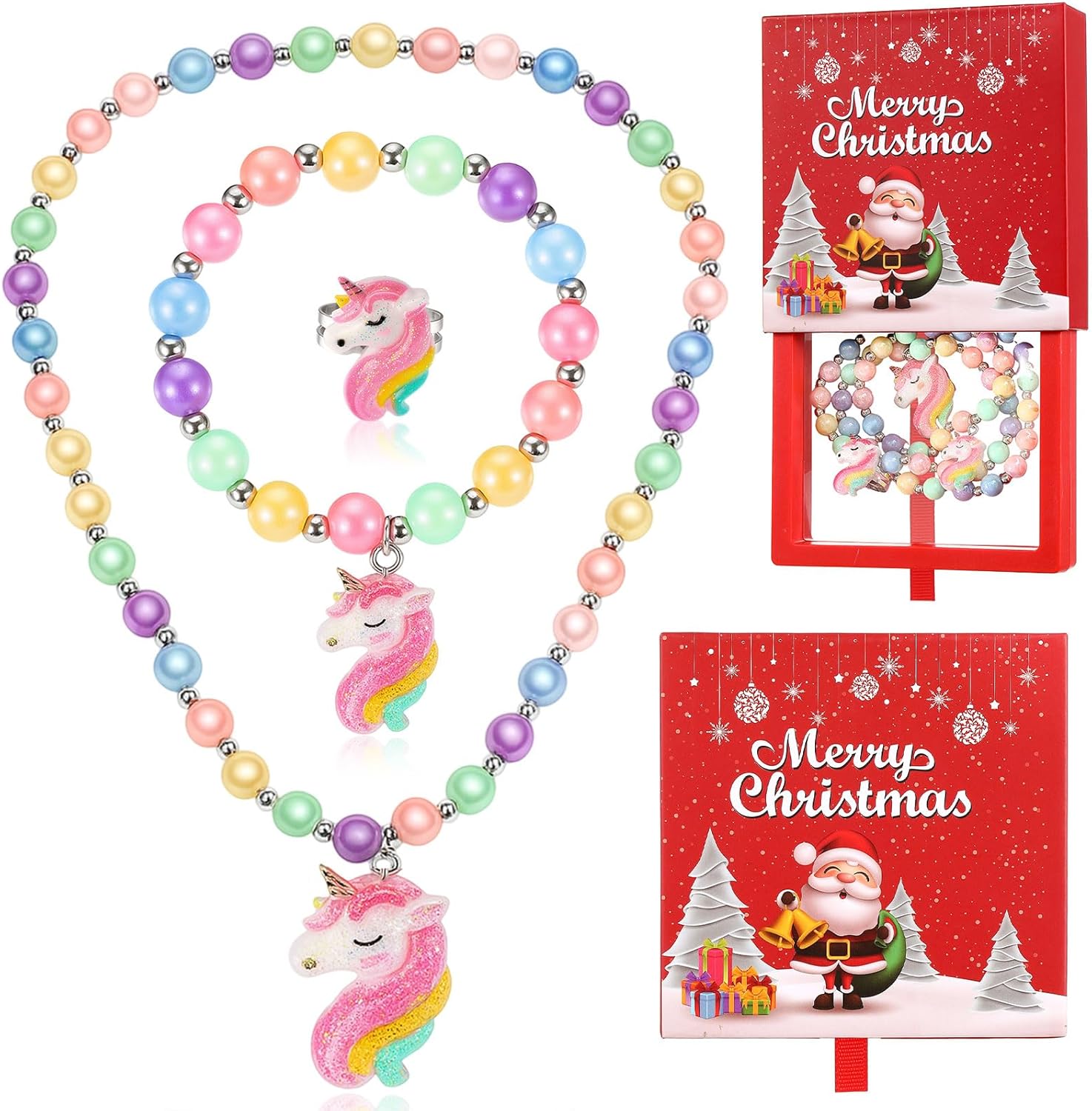 Tondiamo Christmas Jewelry for Little Girls Princess Dress up Kids Jewelry Gift Beaded Necklaces and Bracelets with Gift Box for Christmas Birthday Party Favors