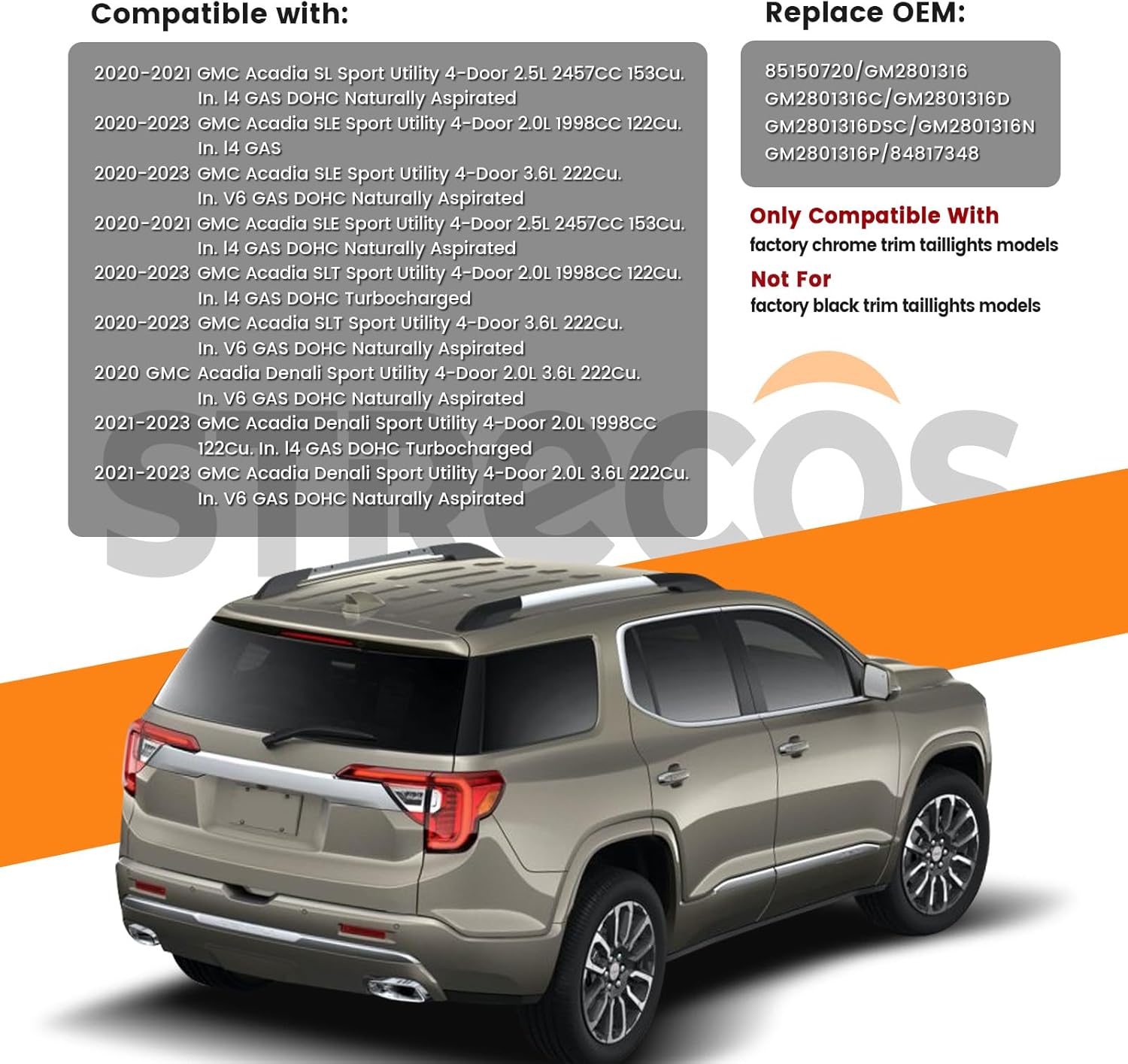 LED Tail Light Compatible with 2020 2021 2022 2023 GMC Acadia Denali SL SLE SLT Outer Taillight Chrome Bezel Rear Driving Brake Lights Assembly Replace OEM#85150720 GM2801316 (Right Passenger Side)