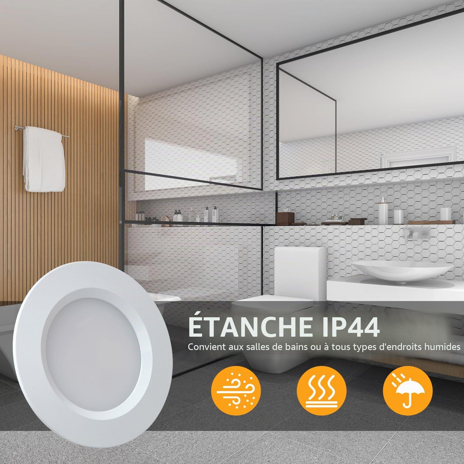 HCFEI Lot de 3 spots LED encastrables ultra plats pour meubles - DC12 V - 3W - Découpe du trou : 55mm - Avec câble de 2m - IP44 - Pour armoires à miroir, vitrines, meubles et armoires (blanc 3000 K)