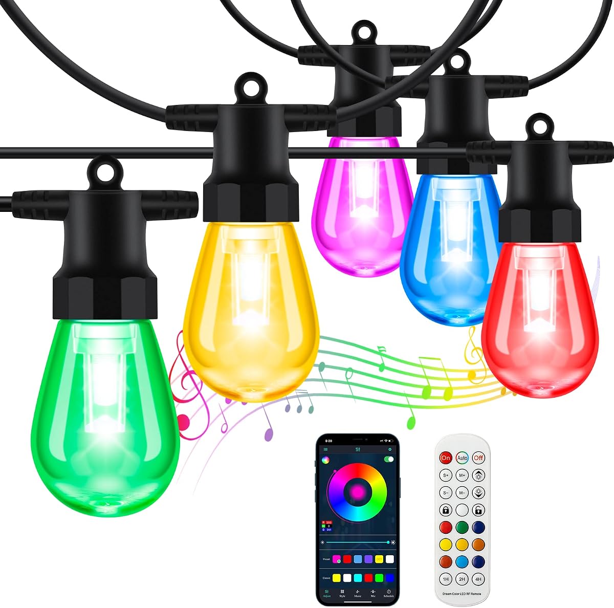 Outdoor String Lights Color Changing, 48FT Patio Lights Outdoor Waterproof | App and Remote Hanging 15 RGB LED Bulb Sync with Music Create Ambience for Garden, Cafe, Backyard, Christmas, Party