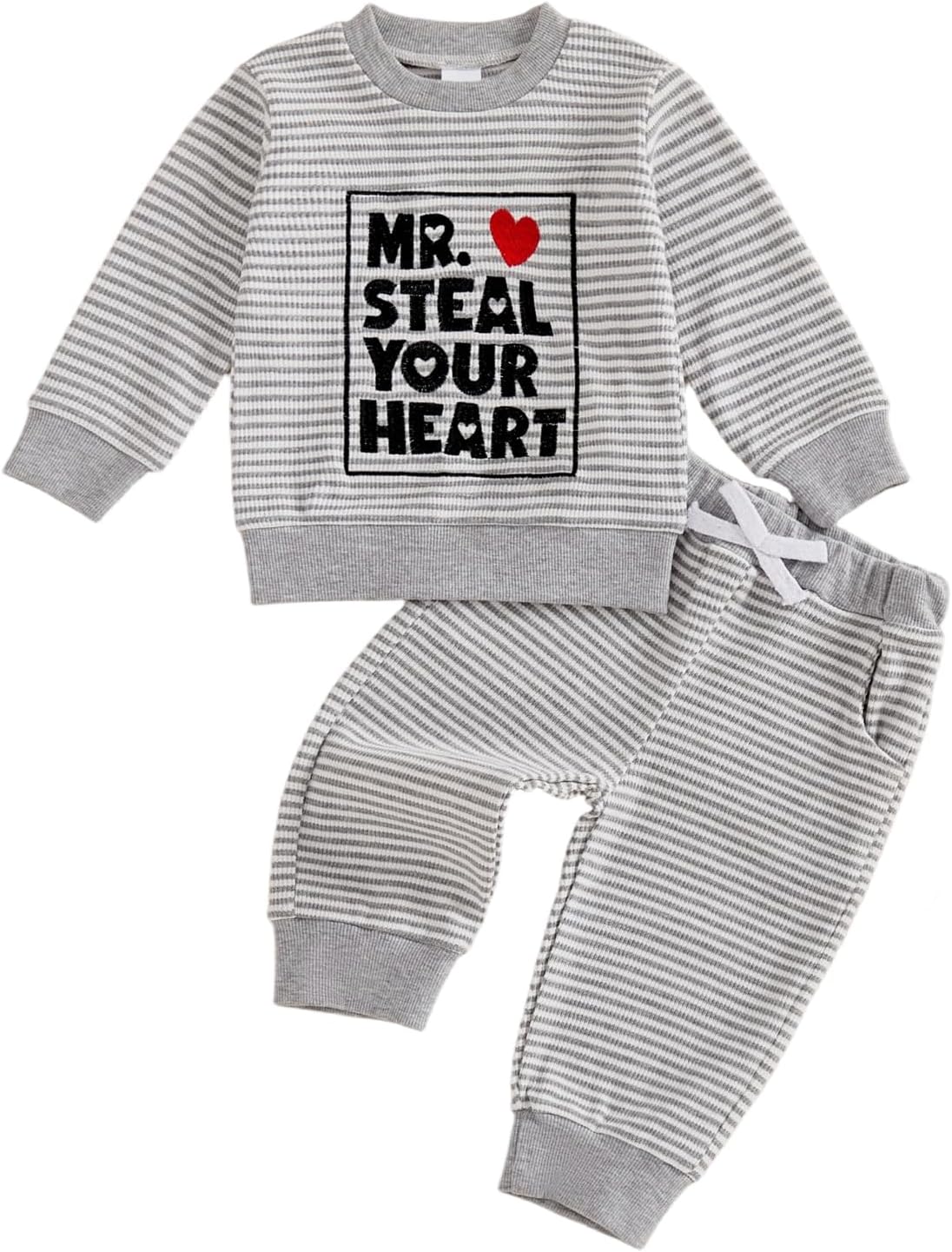 Kuriozud Toddler Baby Boy Clothes Outfit Valentines Day Sweatshirt Lover Boy Shirt+Waffle Knit Pant Set Clothing Fall Winter