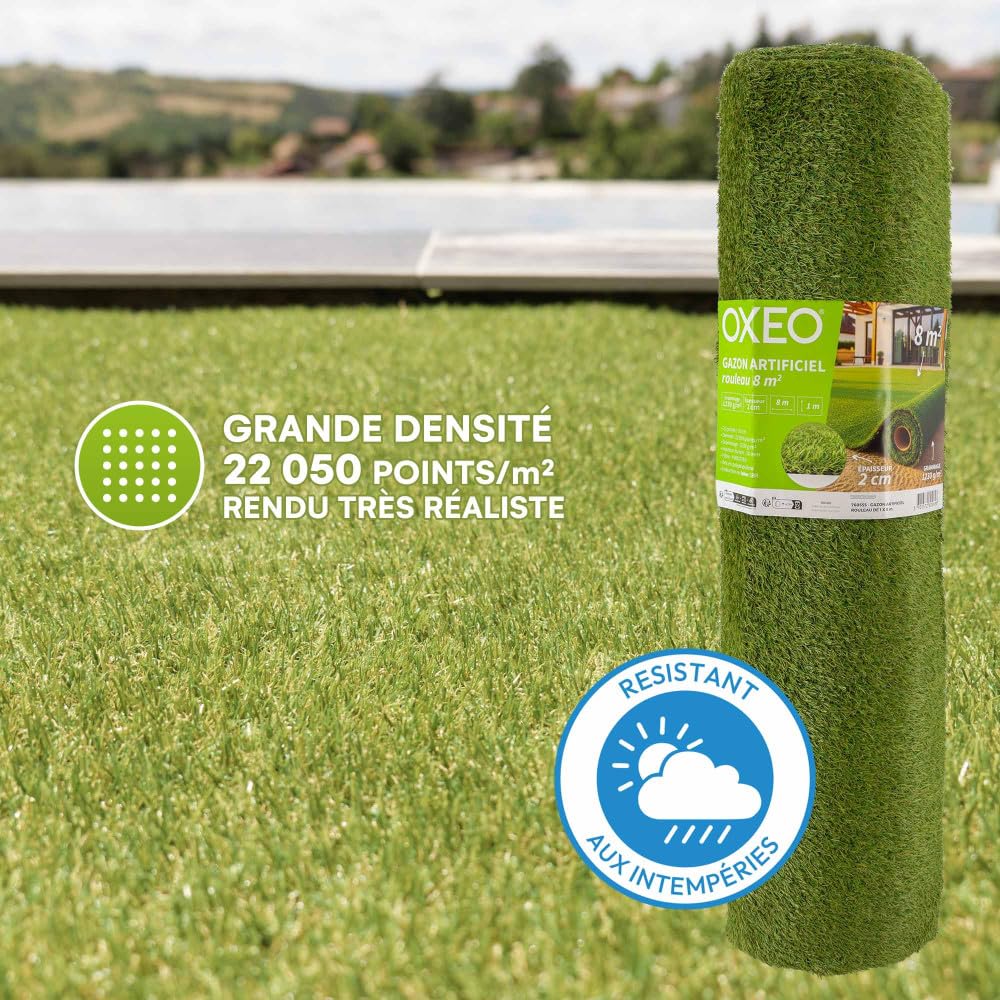 Oxeo Gazon synthétique Artificiel Rouleau 8m2-1230g/m2 - Épaisseur 2cm - Pelouse synthétique Balcon, terrasse - Effet Naturel