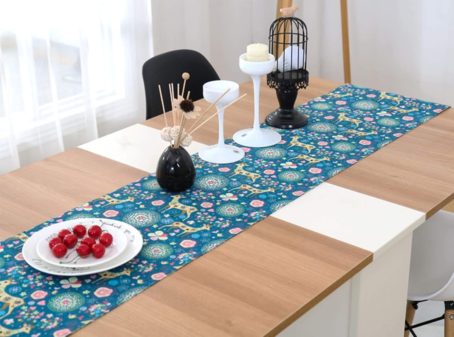 Valentine Table Runner,30x180CM,Mandala with Deer Small Table Runner Rectangle Cotton,Decorative Table Runner Green