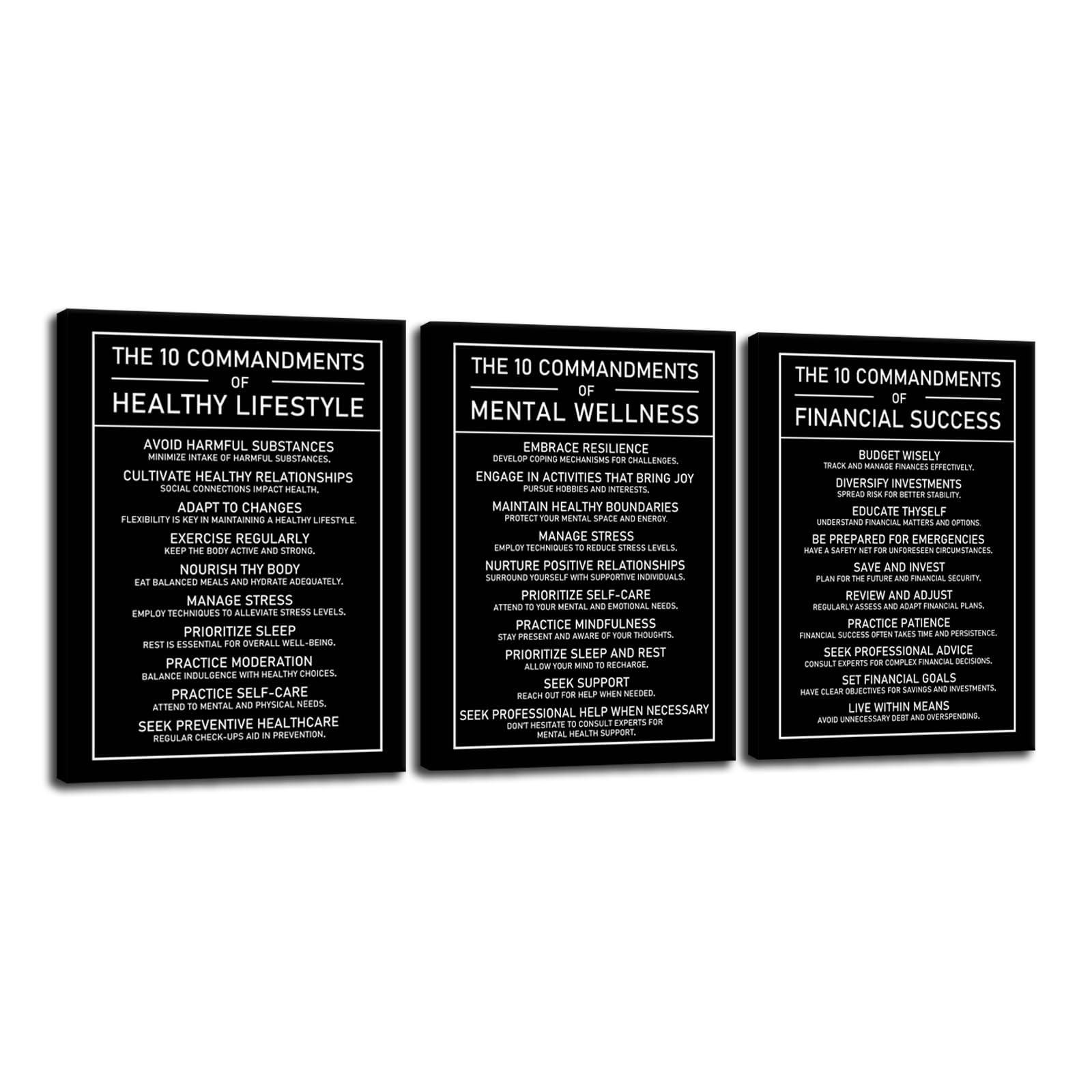 Motivational 3 Piece Wall Art The 10 Commandments of Healthy Lifestyle, Mental Wellness, Financial Success Black and White Inspirational Canvas Prints for Office Bedroom Home Frame(12"x16"x3pcs)