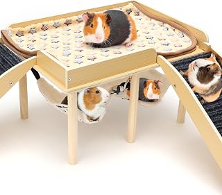 Holz Mehrstöckige Meerschweinchenburg mit Hängematte und Rampe, Versteck für Zwerghamster & Rennmäuse, Spielzeugzubehör für Meerschweinchengehege Innen, Abnehmbares Grauhaus für Kleine Haustiere