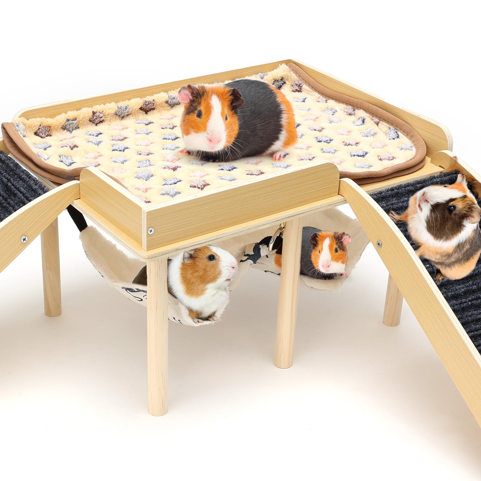 Holz Mehrstöckige Meerschweinchenburg mit Hängematte und Rampe, Versteck für Zwerghamster & Rennmäuse, Spielzeugzubehör für Meerschweinchengehege Innen, Abnehmbares Grauhaus für Kleine Haustiere