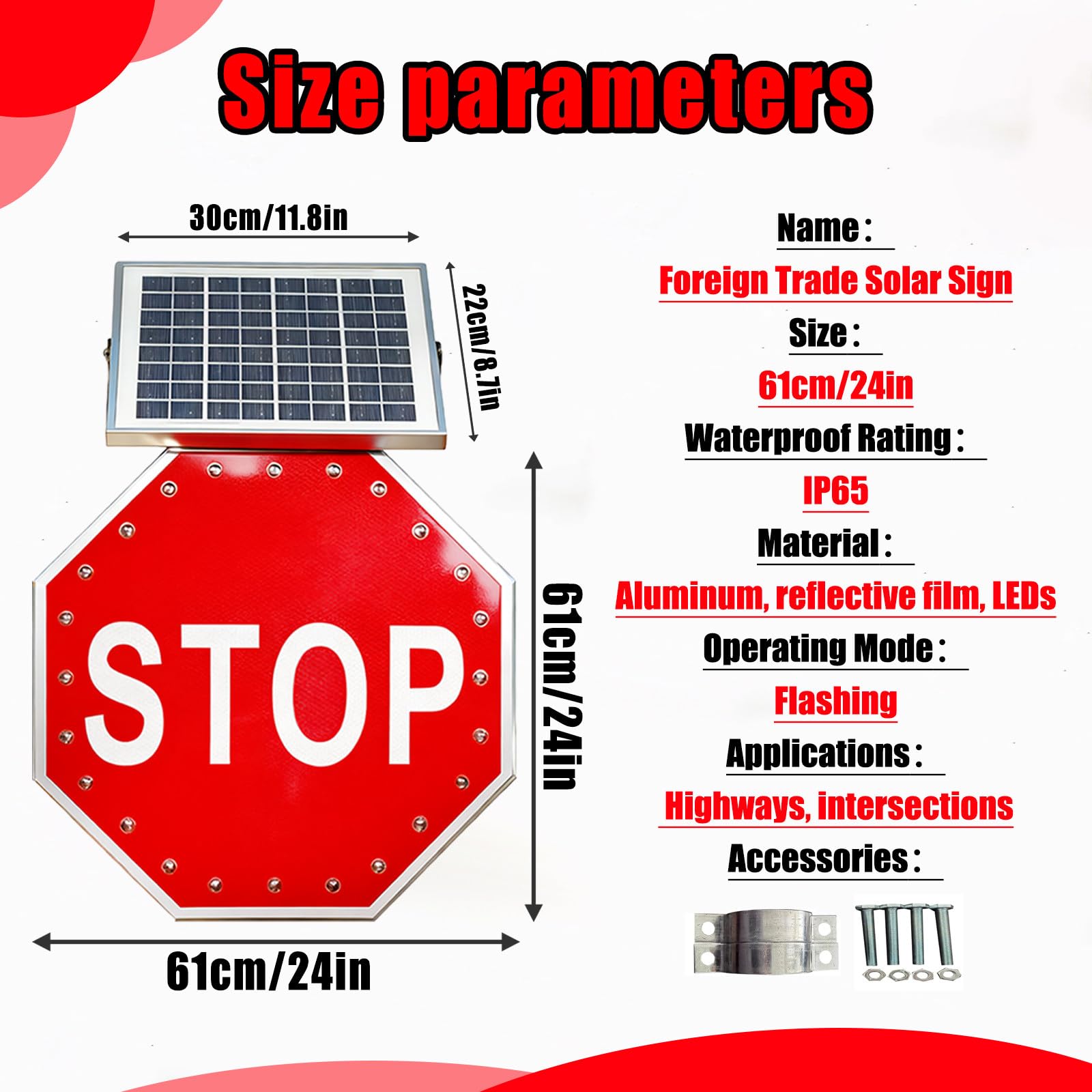 Señal de Stop LED Solar de 61 cm, Intermitente y Reflectante, con Marco metálico Octogonal Resistente a la corrosión, Resistente al Agua IP65, Ideal para estacionamientos, autopistas.