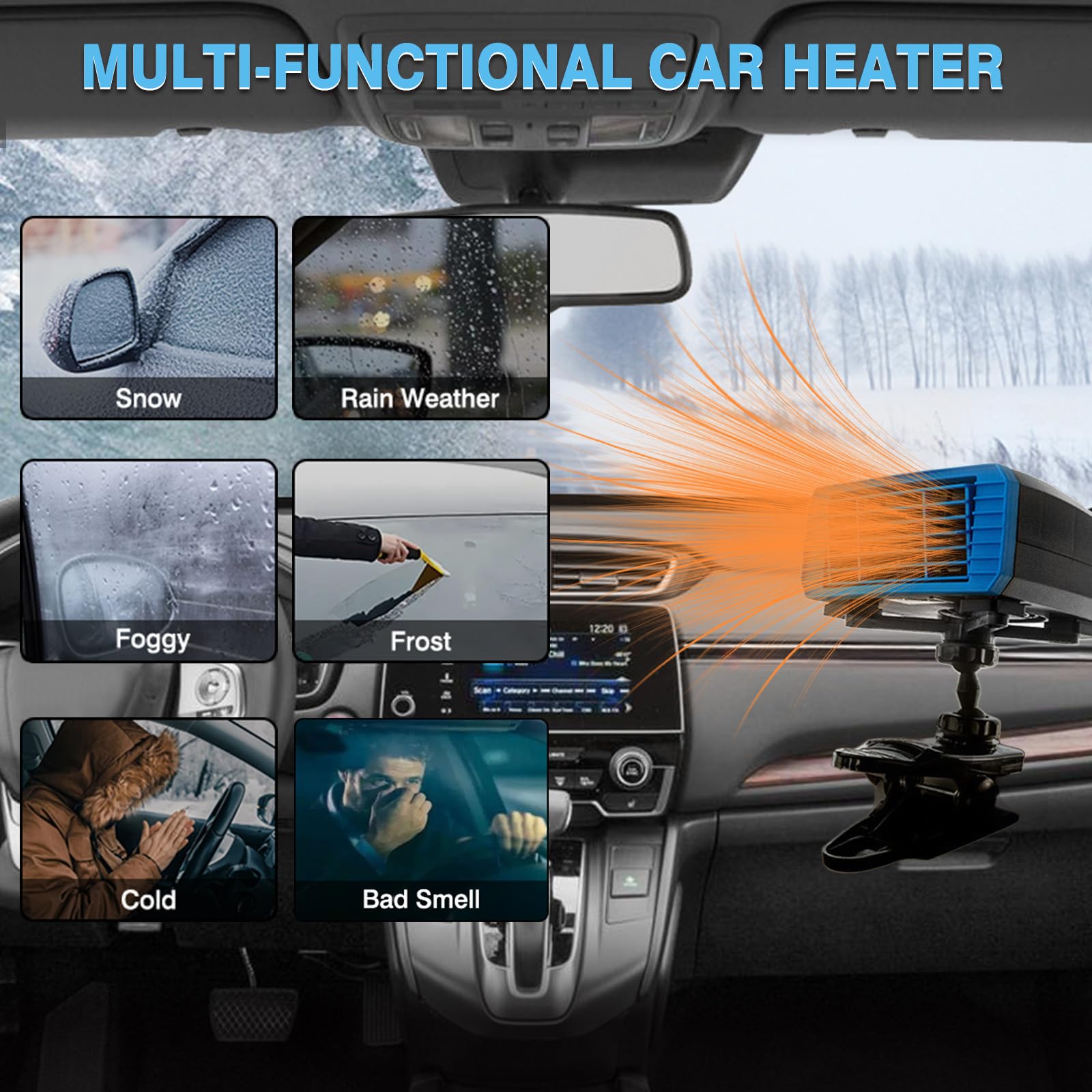 Riloer Calentador de Coche de 12 V 150 W, Descongelador Parabrisas Viento frío y Caliente, Giratorio de 360°, desempañador de Parabrisas calefactor coche