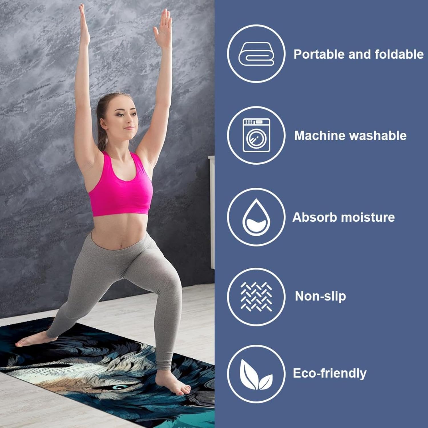 Yoga Towel, Wolf Animal Print Non Slip Sweat Absorbent Hot Yoga Mat Towel for Hot Yoga, Pilates and Fitness - 72.8" x 26.8"