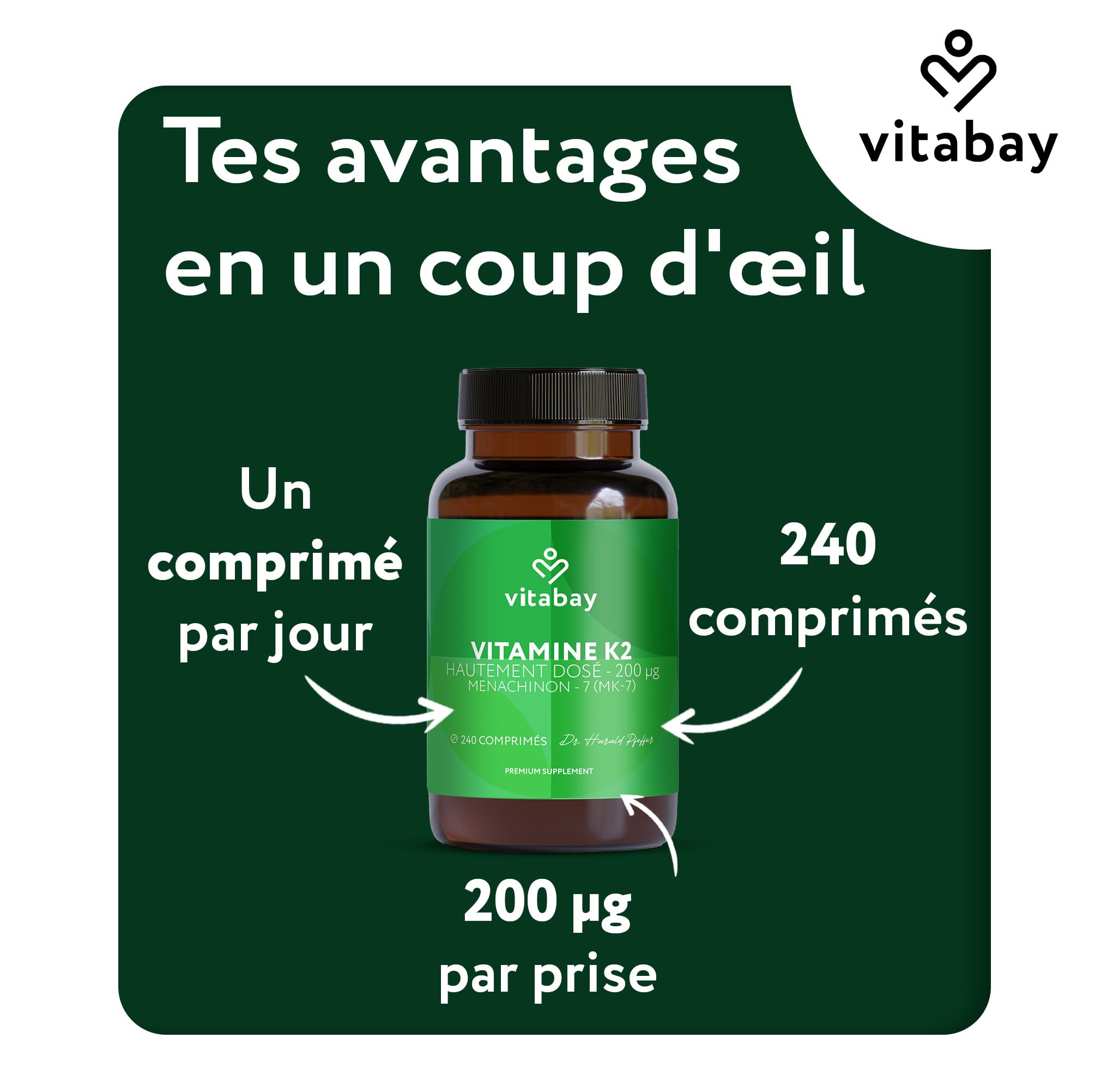 Vitabay Vitamine K2 MK-7 200 µg – 240 comprimés végans – Os & Coagulation – Haute dose MK7 All-Trans Microencapsulé – Testé en laboratoire en Allemagne – Réserve pour 8 mois
