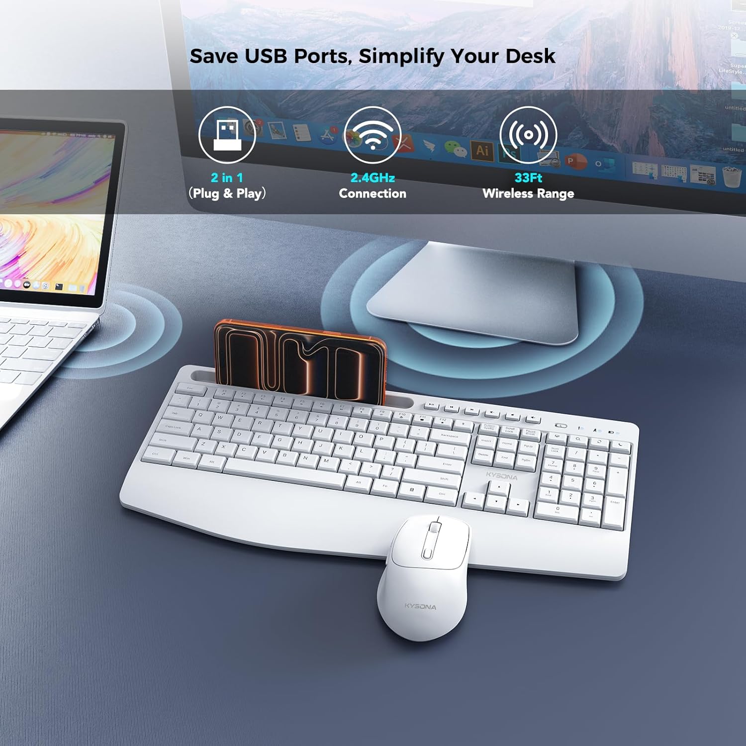 KYSONA Wireless Keyboard and Mouse Combo, Full Sized Cordless Keyboard with Wrist Rest, Phone Holder, 2.4G 3 DPI Adjustable Optical Mice Keyboard for Computer/Laptop/PC/MAC/Windows, White