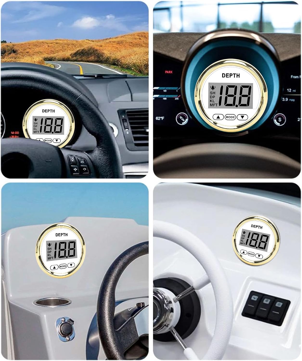Four images showing the Akozon depth gauge installed in various vehicle and boat dashboards.