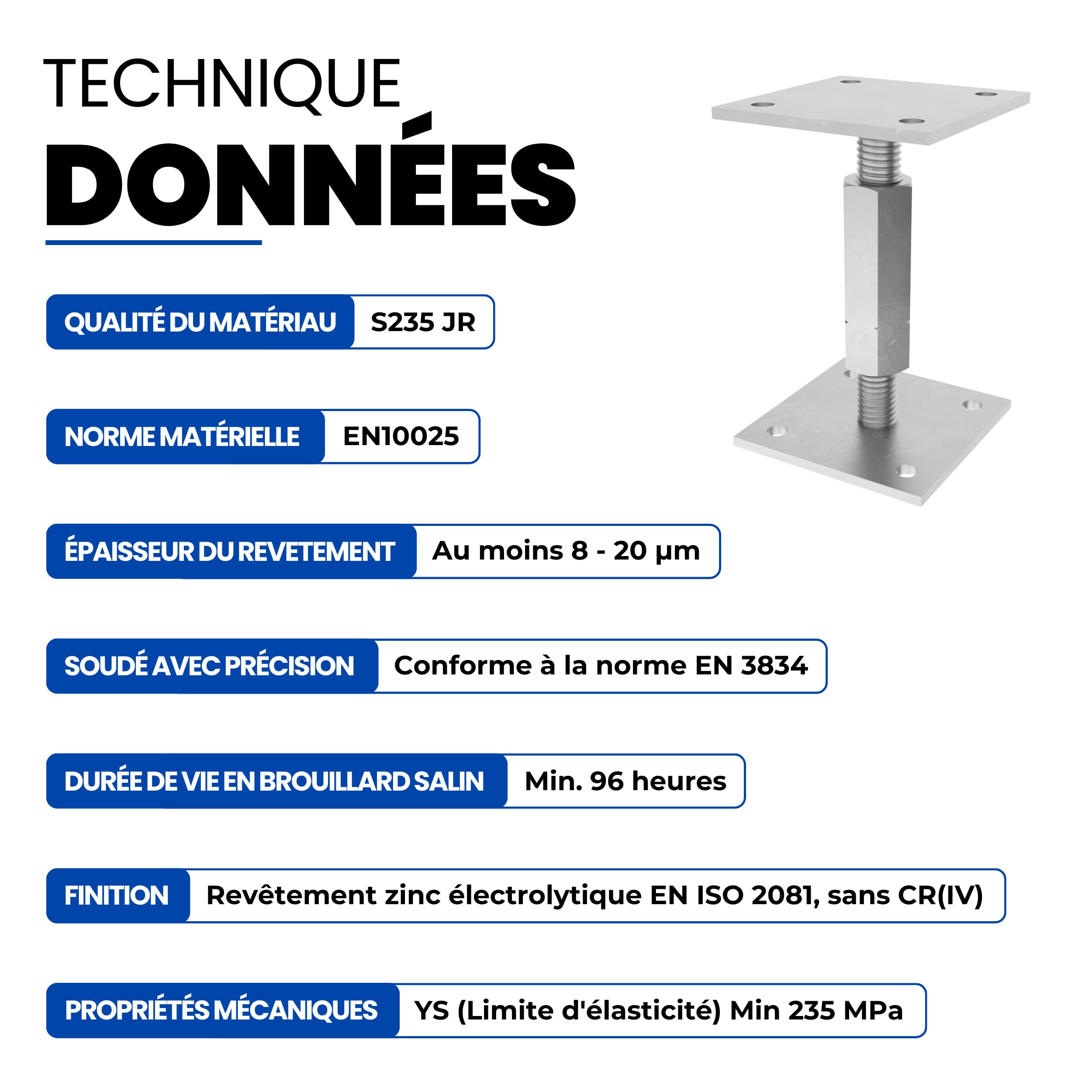 GeZu Impex Support de poteau Galvanoplastie Lot de 8 100 x 100 mm hauteur reglable platine bois pied poteaux clôture