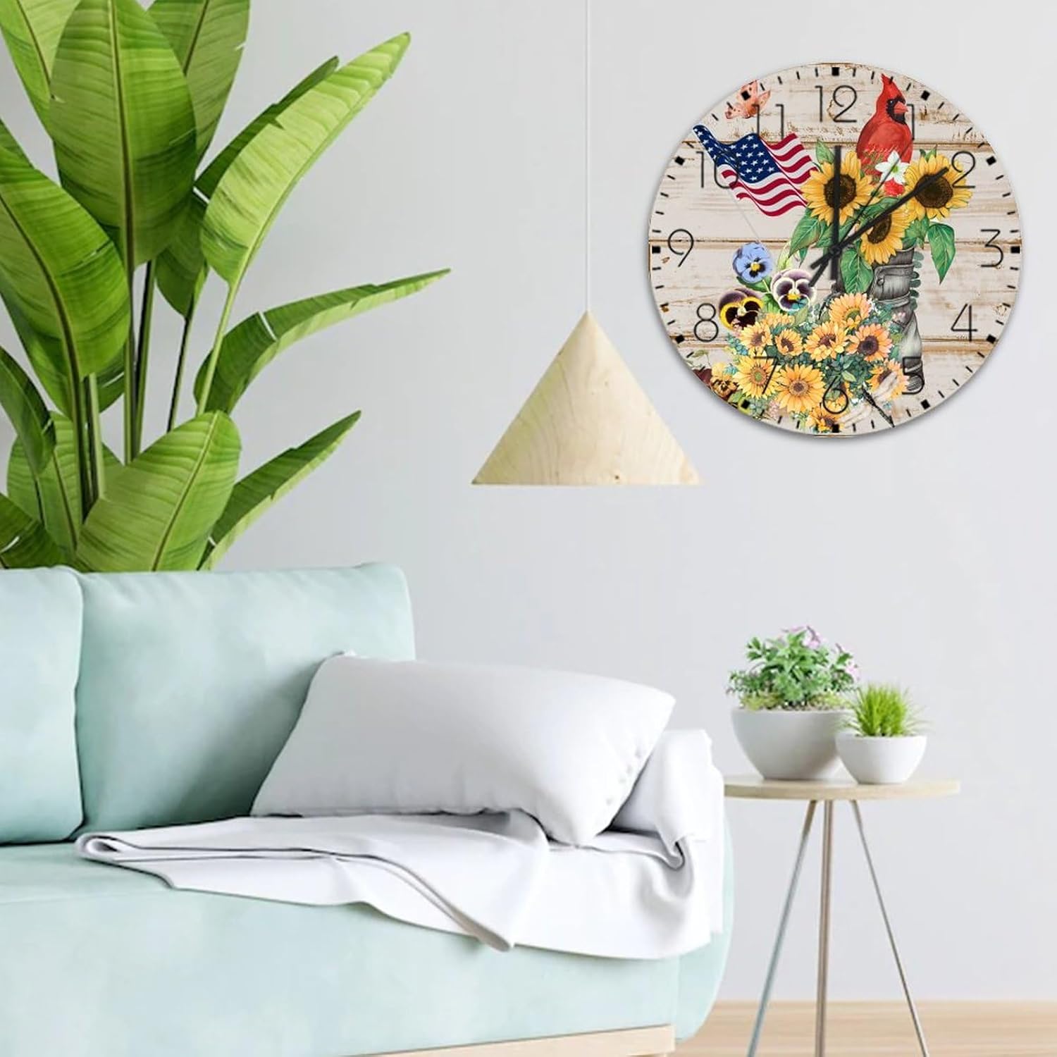 Wood Wall Clock Analog Round Non-Ticking 4th of July Patriotic Sunflower Cardinal Rustic Wall Clocks American Banner The Old Glory Wall Decor for New Home Office Gym 15 Inch