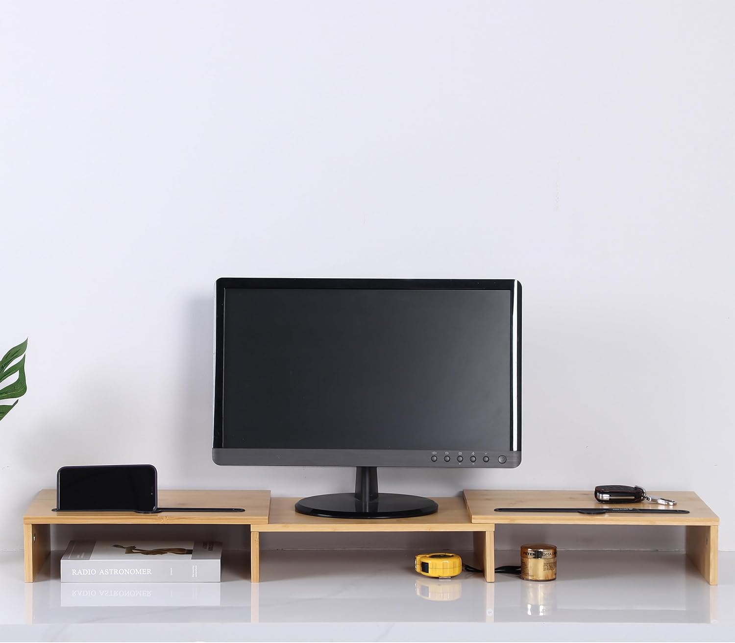 Relaxdays Monitor Stand, 2 Monitors, Extendable Segments, Width 74-105 cm, Ergonomic PC Shelf Made of Bamboo, Natural