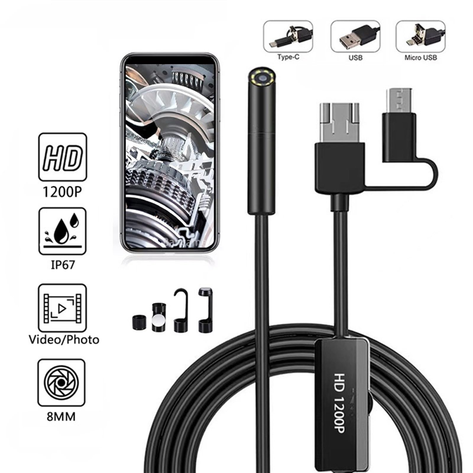 Industrie Endoskop Kamera 8mm Objektiv IP67 wasserdichte Auto Motor Kanalisation Rohr Inspektion for Smartphone PC USB Typ C Hd-Bild(3.5m,8mm Hard Cable)