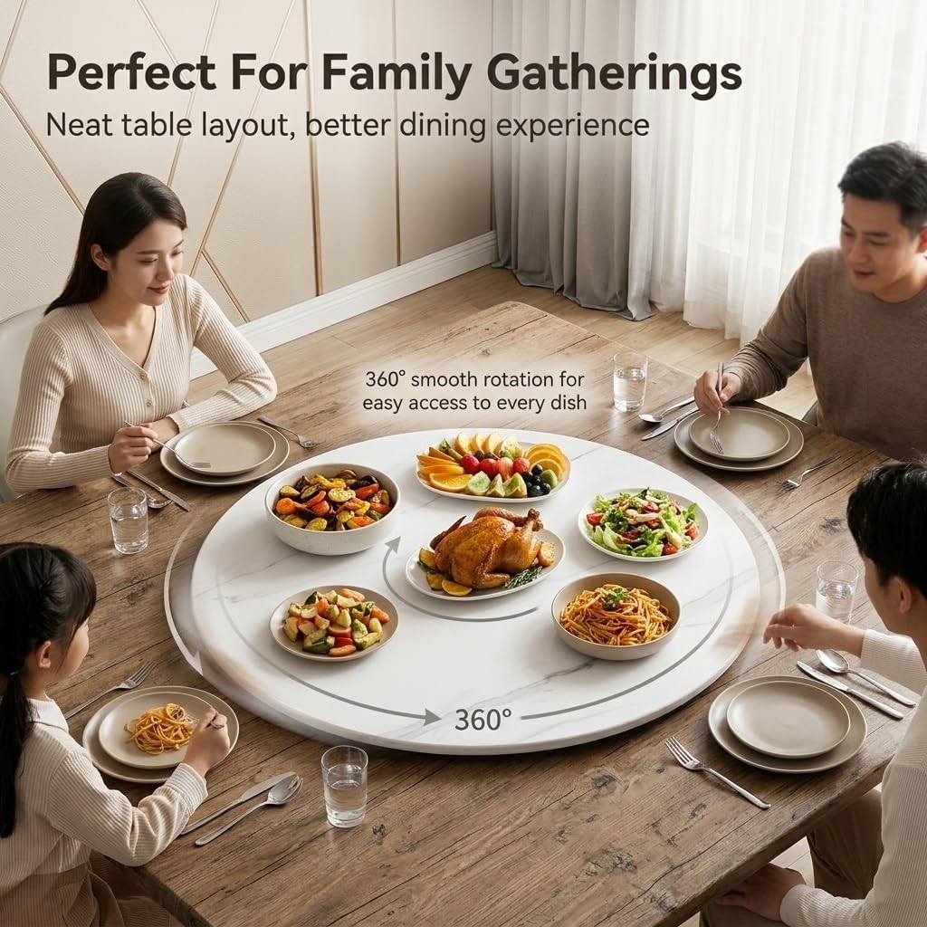 Sintered Stone Lazy Susan for Table Top, 360° Silent Spinner Turntable Dining Table, Marble Pattern Rotating Serving Tray for Family Gatherings