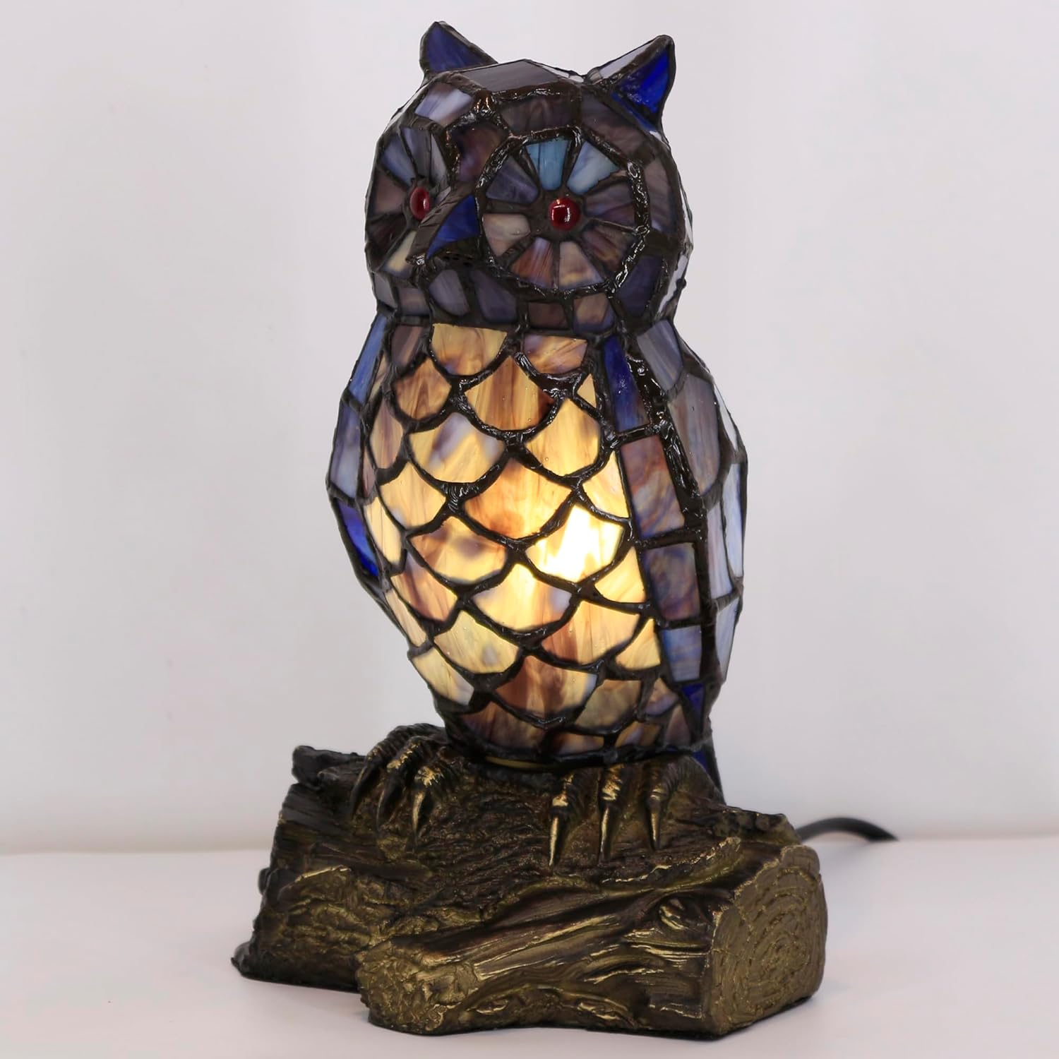 Small Tiffany Lamp Stained Glass Animal Table Lamp Mini Accent Desk Night Light (Blue Purple Owl)