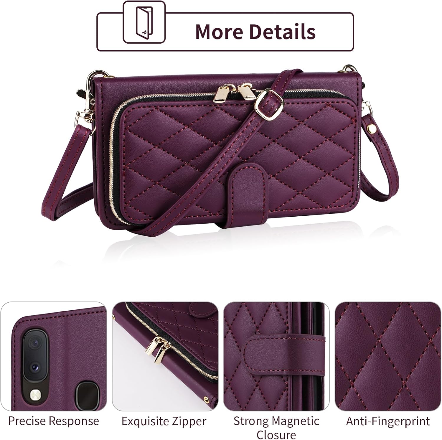 Argyle Wallet Case for Samsung Galaxy A20 A30 with Wrist Strap Shoulder Strap, 9+ Card Slots Zipper Purse Luxury PU Leather Stand Checkered Phone Cover for M10s A 30 20A SM A205G Deep Purple