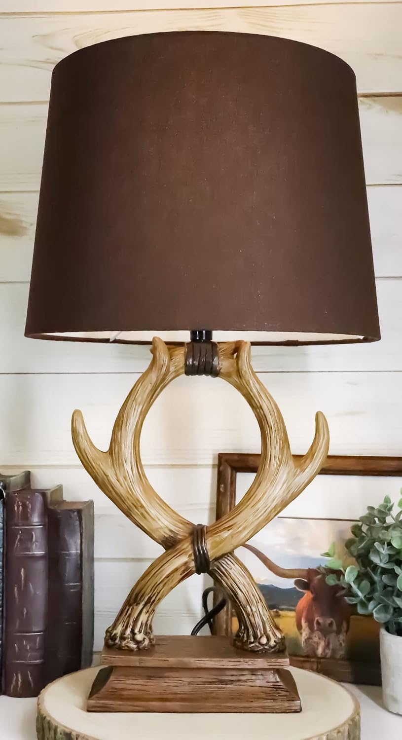 Ebros Gift Large 21" H Wildlife Rustic Cabin Lodge Vintage Design Decor 2 Entwined Stag Deer Antlers Sculptural Table Lamp with Brown Box Shade Forest Buck Deers Antler Desktop Lamps Accent
