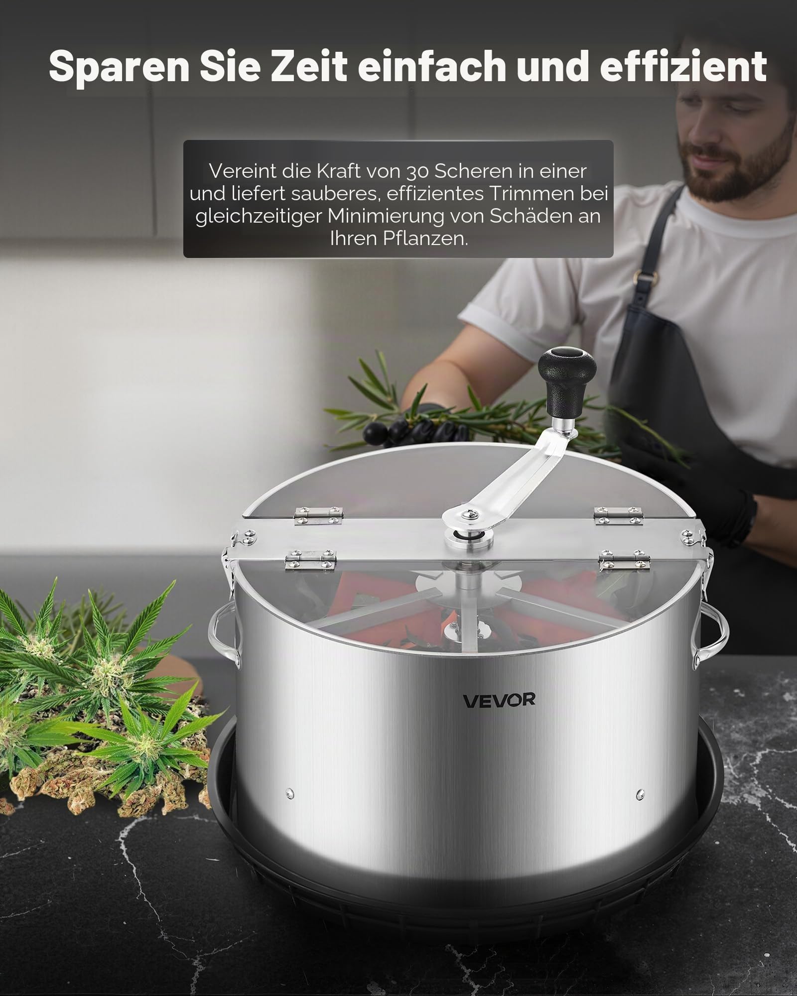 VEVOR Erntemaschine, 40,6 cm Blattschneider, Knospenschneider mit Edelstahlklingen, Nass- & Trocken-Hydrokultur-Schneidemaschine mit Tablett, Blattschüssel Trimmer für Pflanzenknospen & Blumen