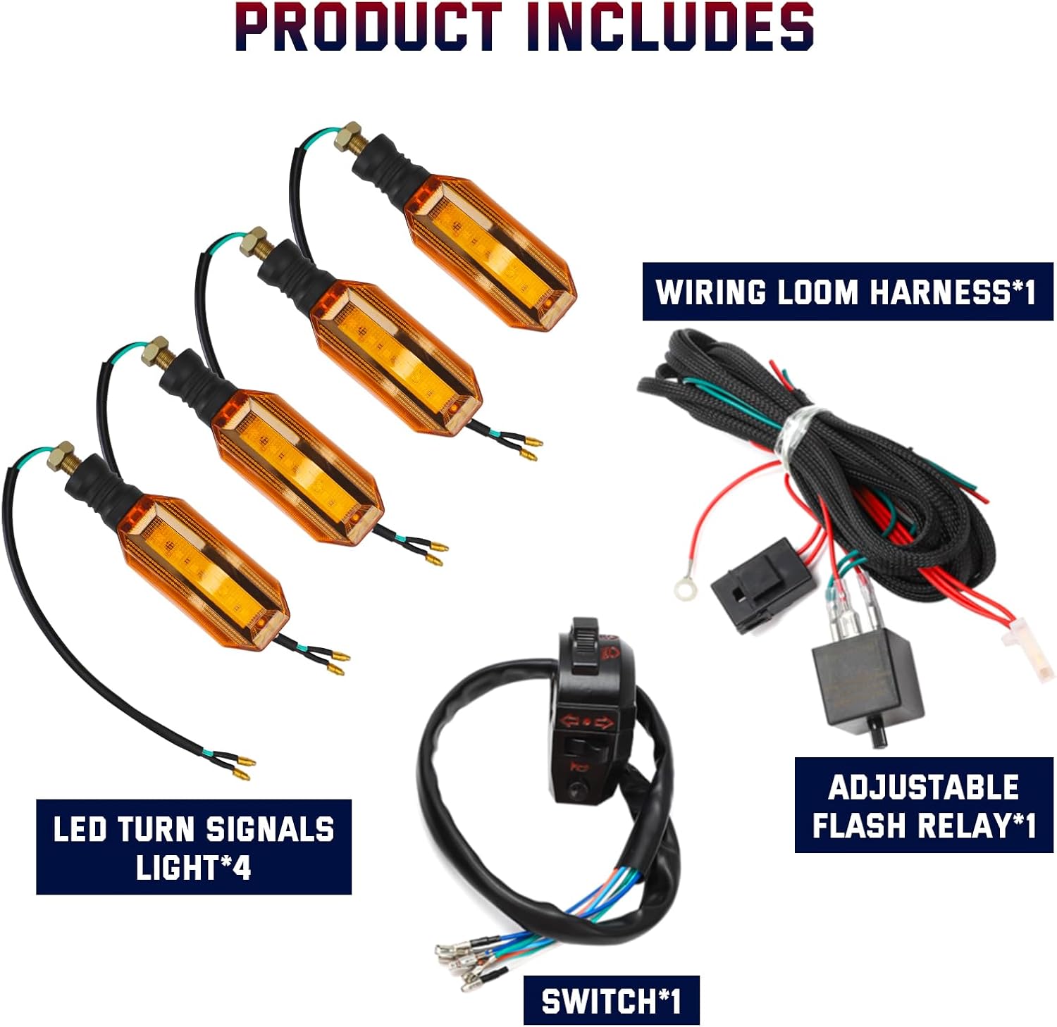 Alpha Rider Motorcycle Turn Signals Light LED with Wiring Loom Harness Kit Indicator Wiring Loom Harness Kit Relay Universal Switch Turn Signal Light Horn Flash Kit