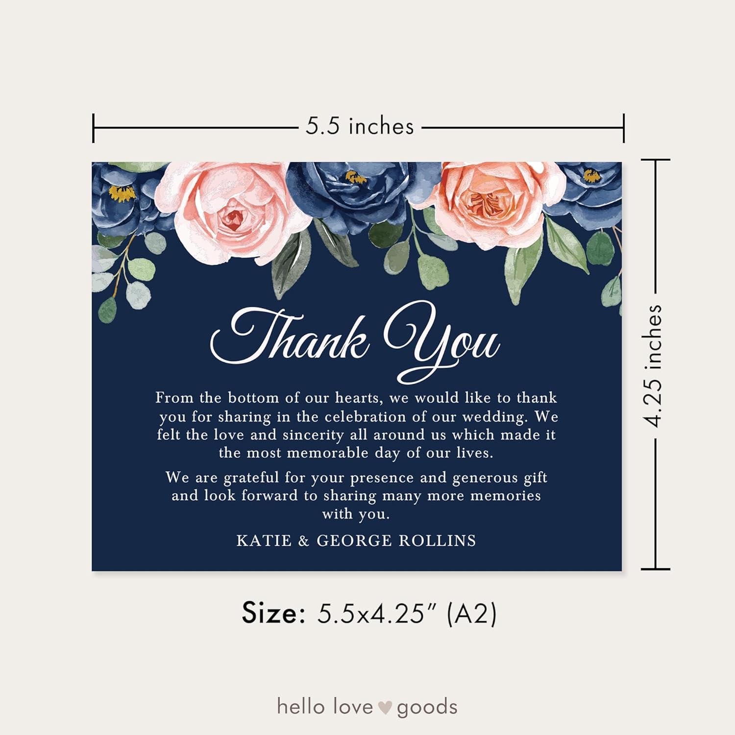 Personalized Wedding Thank You Cards with Message, 5.5x4.25 Navy Blue Flat Thank You Note Cards with Pink Floral and Leaves, Envelopes Included