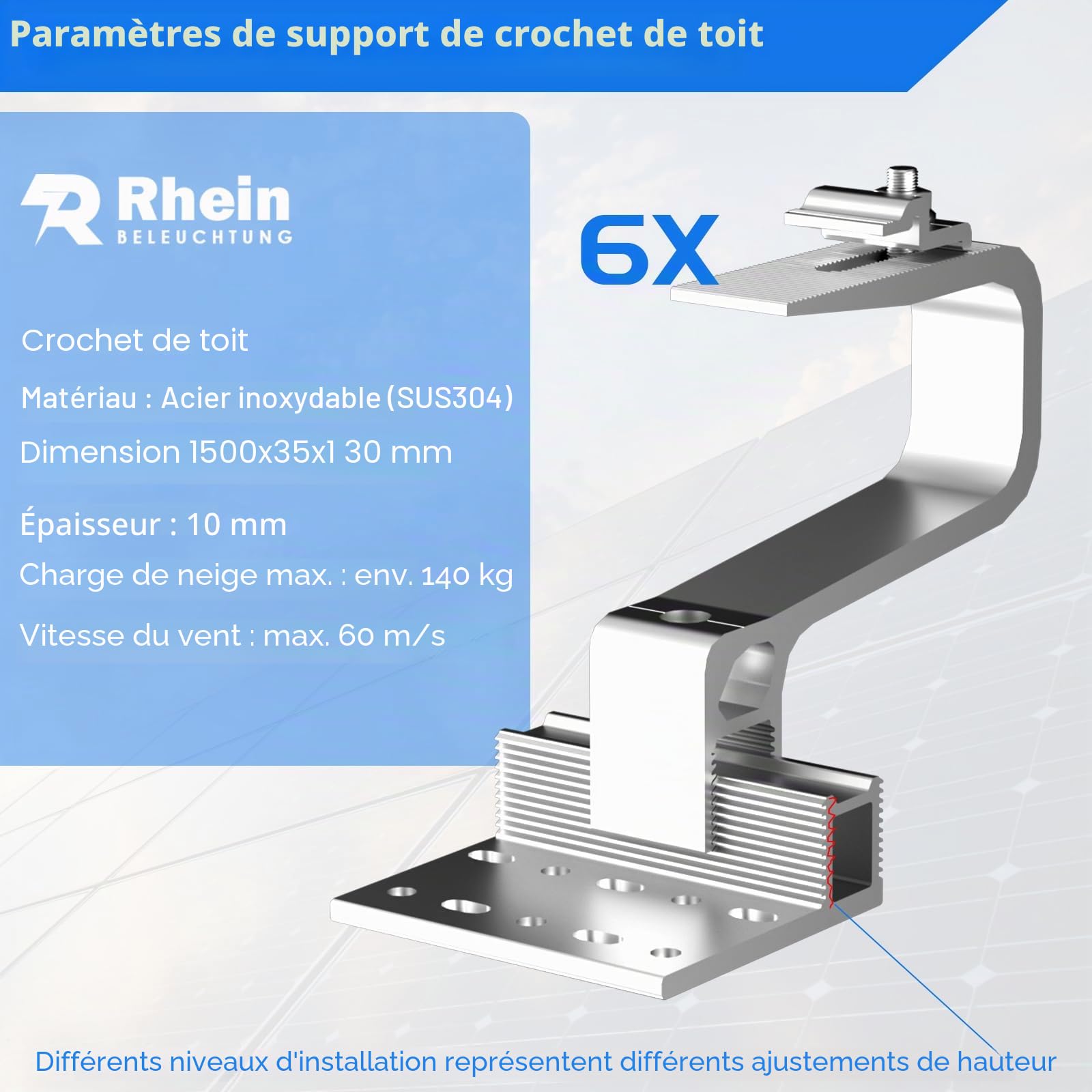 Lot de 2 supports de toit pour panneaux solaires, support solaire pour toit en tuiles, crochets de toit – Avec profil solaire en aluminium, kit de montage réglable, jusqu'à 120 cm de largeur par