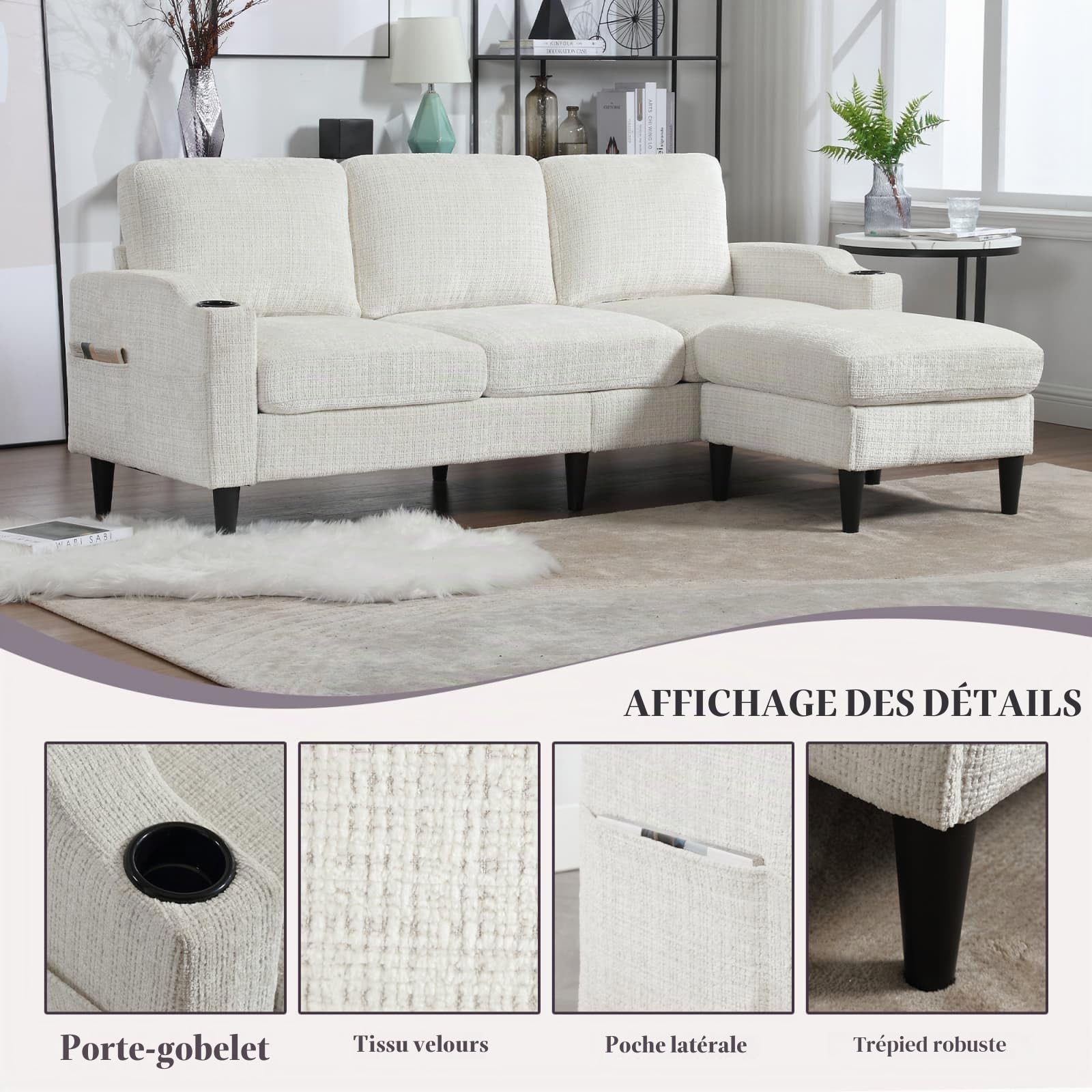 Sweiko Canapé avec Pouf et Espace de Rangement 4 Places avec Accoudoirs Confortables, Porte-Gobelets, Poches Latérales et Repose-Pieds Robustes en Plastique,Velours (Beige)