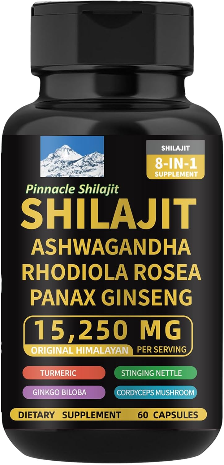 Pinnacle 8-in-1 Capsules with Shilajit, Rhodiola Rosea, Ashwagandha, Ginseng, Gingko Biloba, Turmeric, Cordyceps Mushroom & Stinging Nettle Supports Energy, Mental Clarity & Immunity.